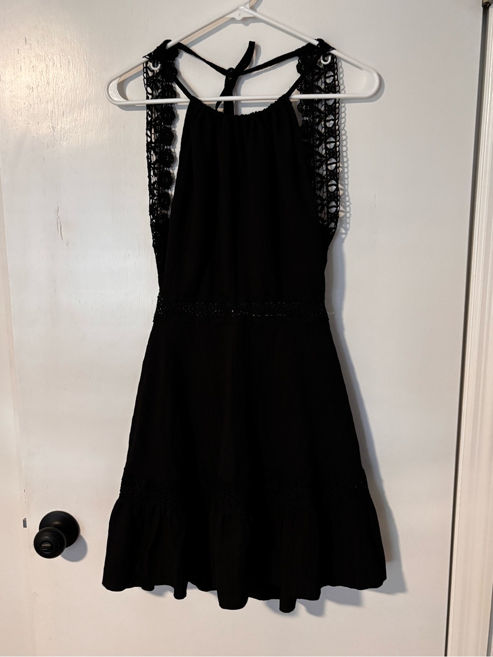 SHEIN Black Lace-Trim Halter Mini Dress